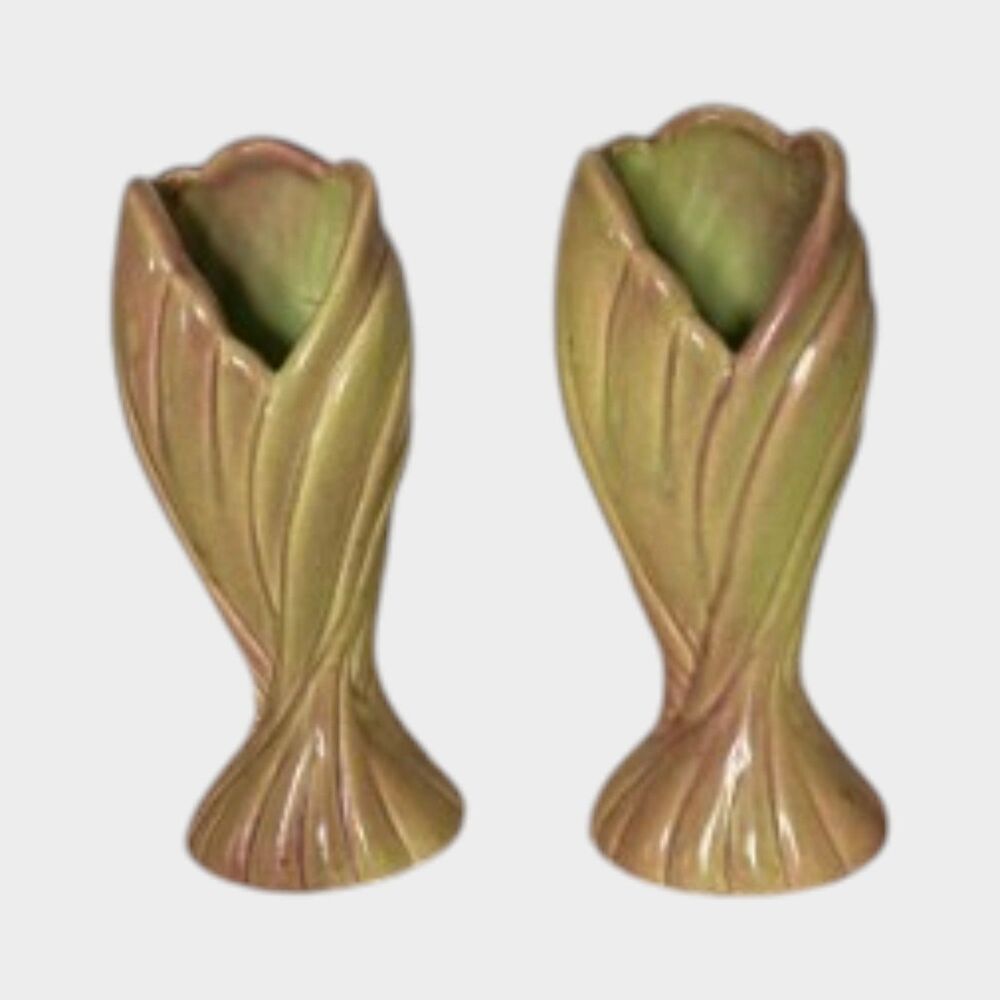 2 Vintage Vases West Coast Pottery California Green Pink MCM Mermaid Twist 1940s